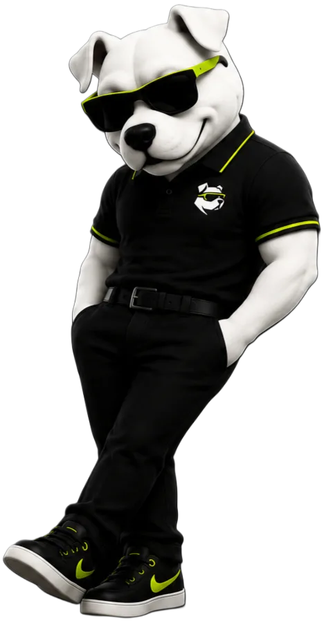 BusinessDawg mascot, bulldog with lime sunglasses